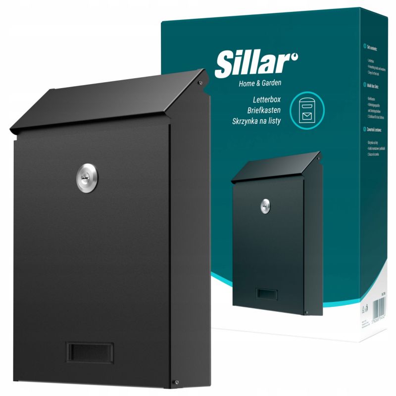 Skrzynka na listy, Sillar, na zamek, z kluczami, format C5, stal ocynkowana, czarny mat, 1szt