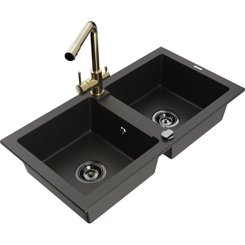 Zlewozmywak granitowy 2-komorowy Mexen Mario z baterią kuchenną Duero czarny/złoty metalik 6504-75-671600-50-B