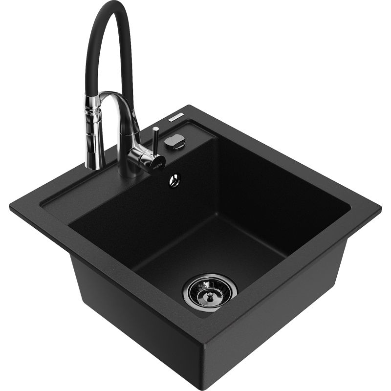 Zlewozmywak granitowy 1-komorowy Mexen Vito z baterią kuchenną Aster czarny 6503-77-73450-07-B