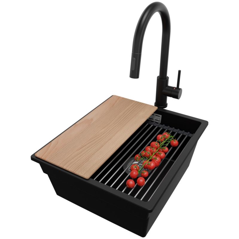 Zlewozmywak Granitowy Praga Slim PRIMAGRAN Nablatowy 41x47cm do szafki od 45cm z Syfonem i Baterią i Dodatkiem Czarny 1 szt.