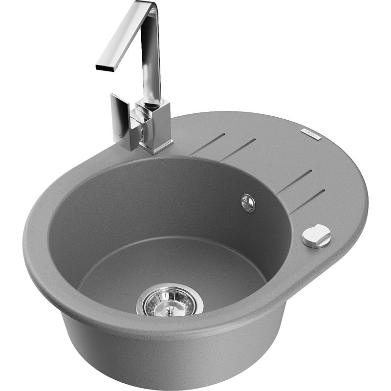 Zlewozmywak granitowy 1-komorowy Mexen Kevin z ociekaczem i baterią kuchenną Rita szary 6517-71-670300-00