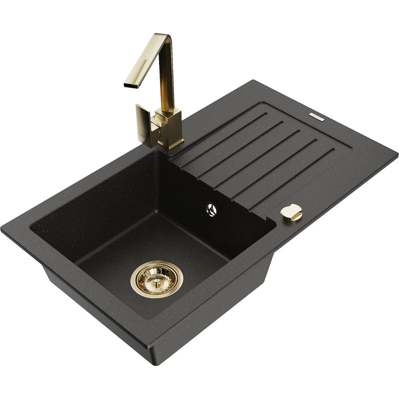 Zlewozmywak granitowy 1-komorowy Mexen Pablo z ociekaczem i baterią kuchenną Rita czarny/złoty metalik 6510-75-670300-50