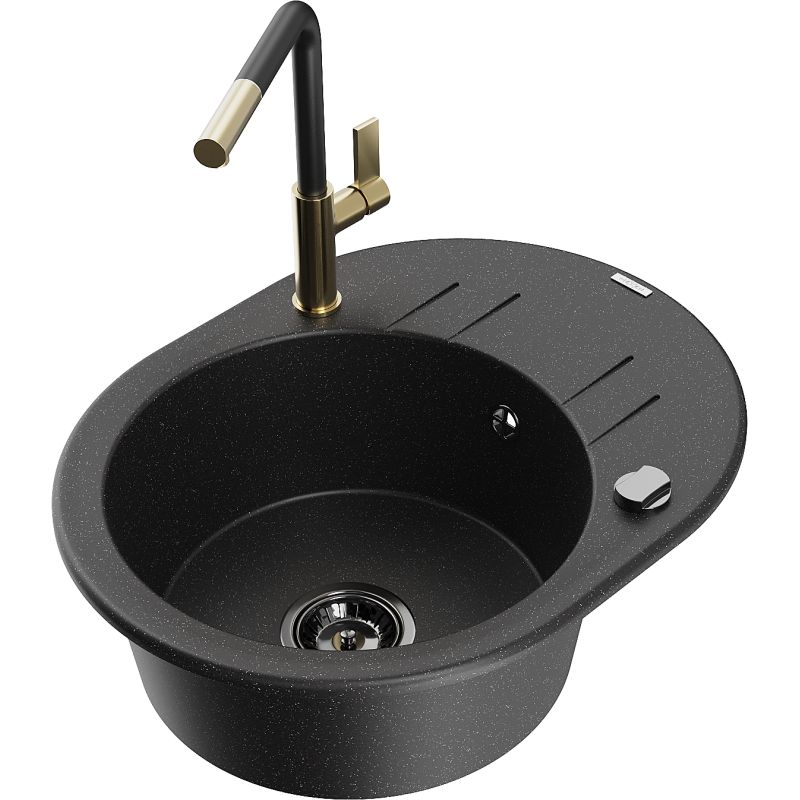 Zlewozmywak granitowy 1-komorowy Mexen Kevin z ociekaczem i baterią kuchenną Flora szary - 6517-71-670401-70-B 1 szt.