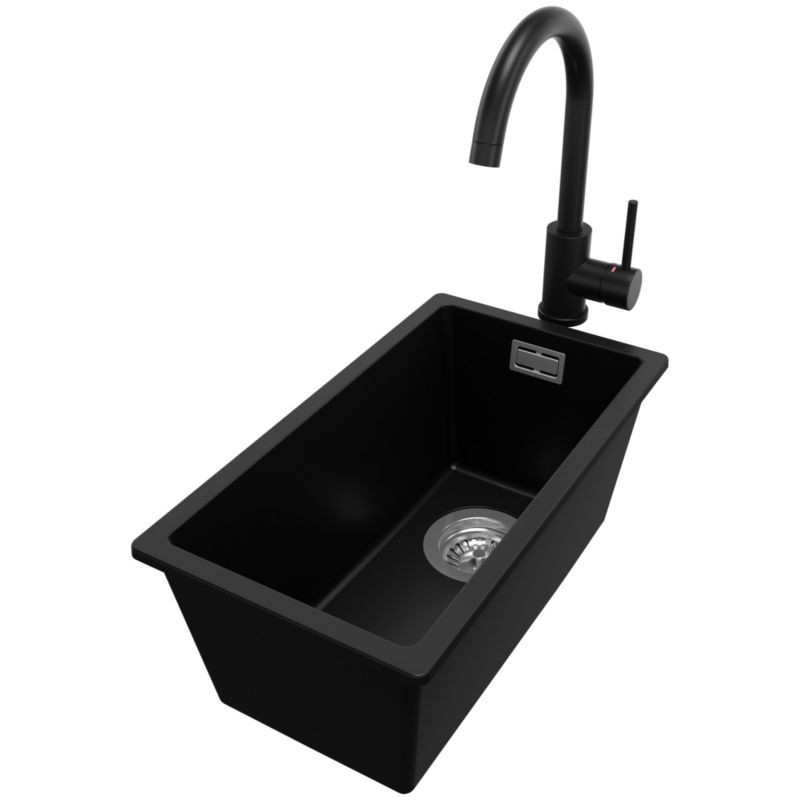 Zlewozmywak Granitowy Londyn Slim PRIMAGRAN Nablatowy 26x47cm do szafki od 30cm, Czarny + Bateria 32x20cm + Syfon, S009, 1 szt.