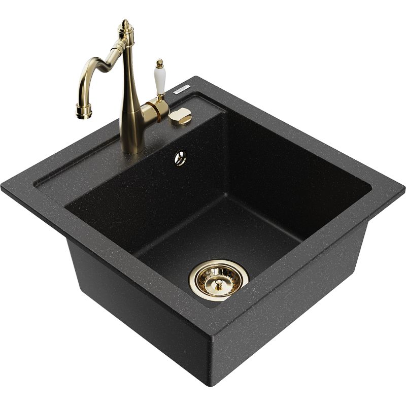 Zlewozmywak granitowy 1-komorowy Mexen Vito z baterią kuchenną Carla czarny/srebrny metalik 6503-73-670700-50