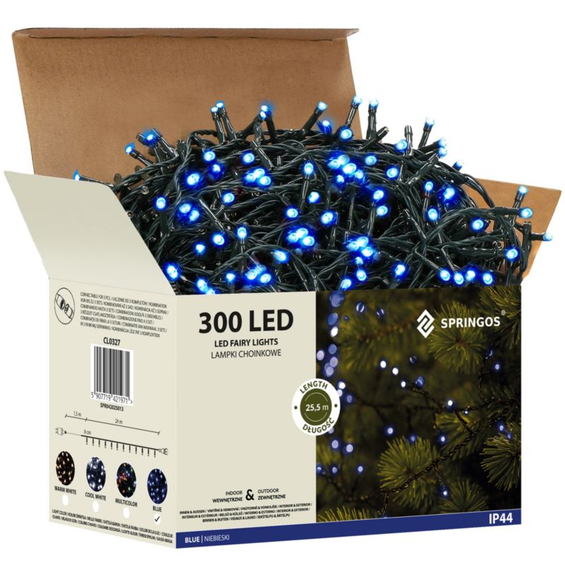 Lampki choinkowe Springos 300 Led niebieski 25,5m oświetlenie świąteczne IP44 1 szt.