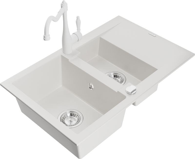 Zlewozmywak granitowy Mexen Gaspar 1,5-komorowy z ociekaczem i baterią kuchenną Carla biały 6507-20-670700-20