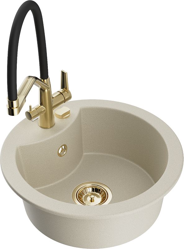 Zlewozmywak granitowy Mexen Diego 1-komorowy z baterią kuchenną Duo beżowy 6512-69-671701-57-G