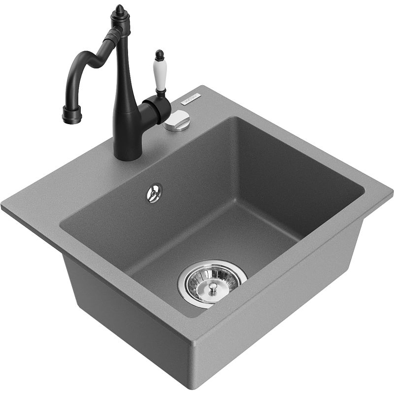 Zlewozmywak granitowy 1-komorowy Mexen Milo z baterią kuchenną Carla szary 6505-71-670700-70