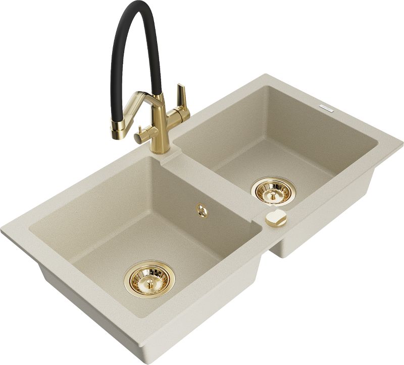 Zlewozmywak granitowy Mexen Mario 2-komorowy z baterią kuchenną Duo beżowy 6504-69-671701-57-G