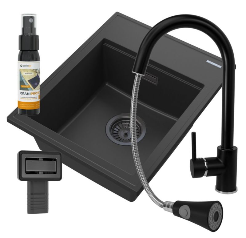 Zlewozmywak Granitowy Jednokomorowy Granitan Alor Czarny Zestaw Zlewozmywak Bateria Snake czarna Syfon 1 kpl.