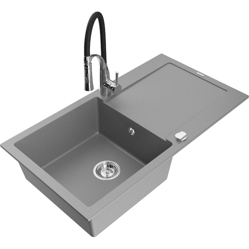 Zlewozmywak granitowy 1-komorowy Mexen Leo z ociekaczem i baterią kuchenną Aster szary 6501-71-73450-07