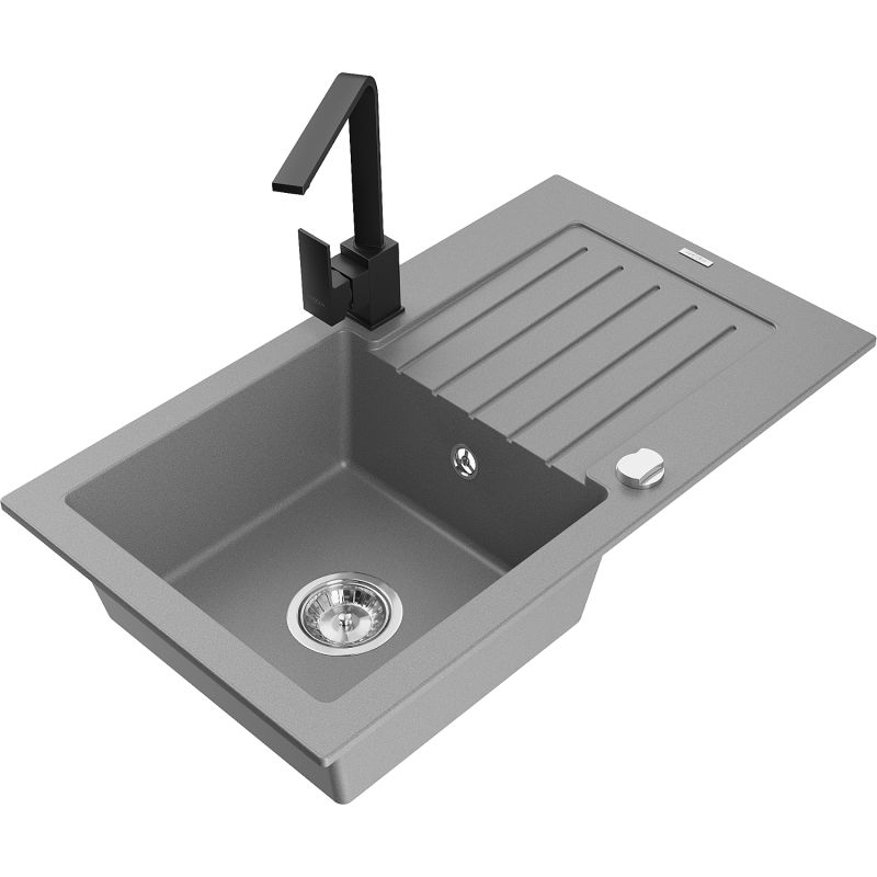 Zlewozmywak granitowy 1-komorowy Mexen Pablo z ociekaczem i baterią kuchenną Rita szary - 6510-71-670300-71 1 szt.