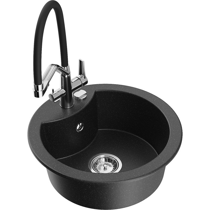 Zlewozmywak granitowy 1-komorowy Mexen Diego z baterią kuchenną Duo czarny/srebrny metalik 6512-73-671701-07