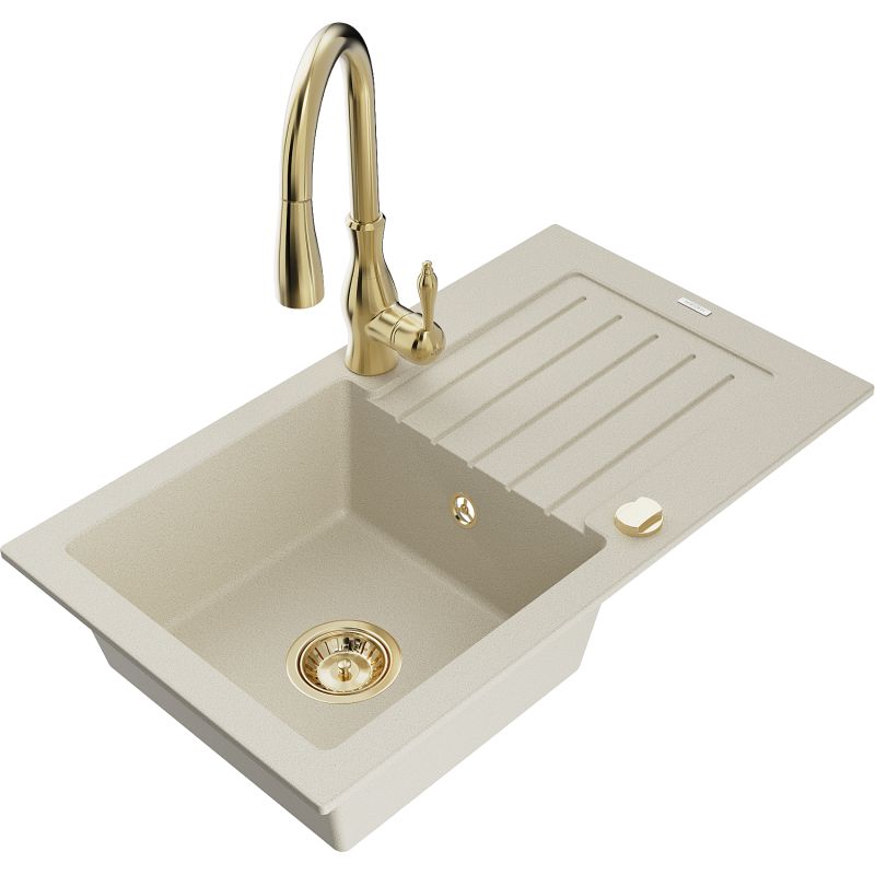 Zlewozmywak granitowy 1-komorowy Mexen Pablo z ociekaczem i baterią kuchenną Savita beżowy 6510-69-672601-50