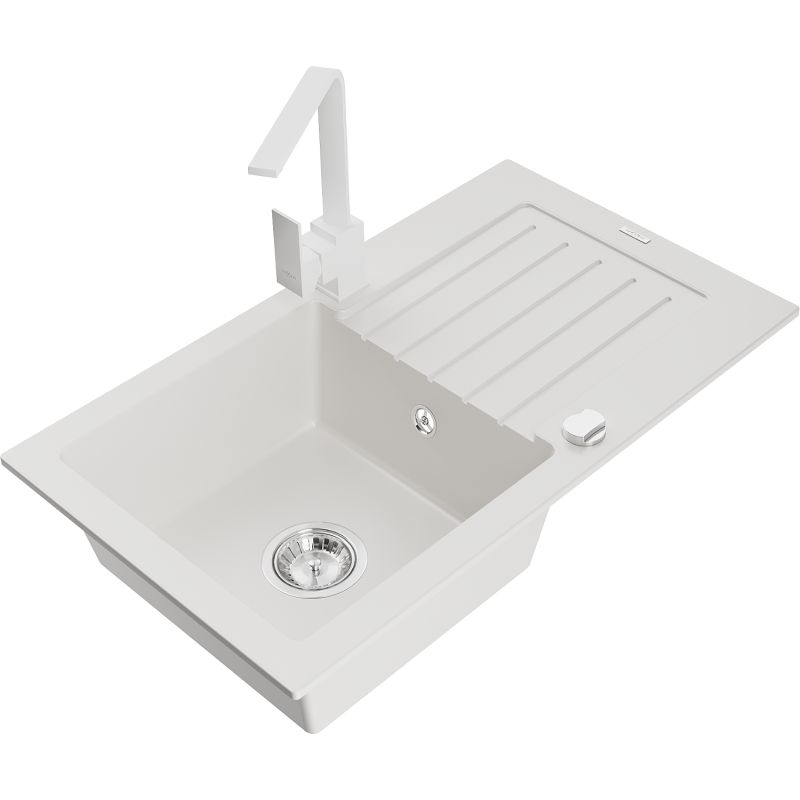 Zlewozmywak granitowy 1-komorowy Mexen Pablo z ociekaczem i baterią kuchenną Rita biały 6510-20-670300-20