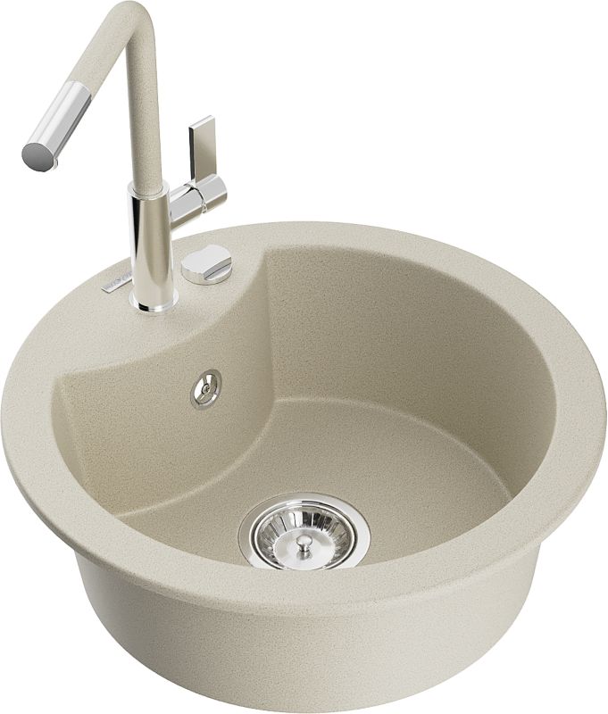 Zlewozmywak granitowy Mexen Diego 1-komorowy z baterią kuchenną Flora beżowy 6512-69-670401-09