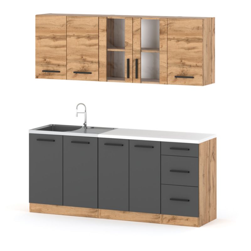 Zestaw Kuchenny Hurtownia-Mebli Z Blatem Kuchnia Rest 200cm Dąb Wotan Dąb Wotan/Szary Mat 200x47x145 cm 1szt.