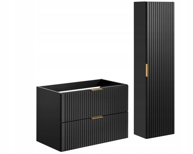 Szafka pod umywalkę i słupek Furnidea 80 cm + 140 cm czarny mat ryflowany Adel zestaw