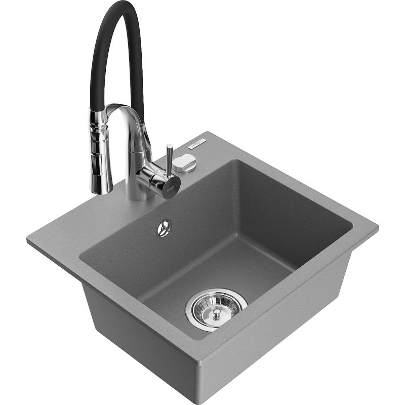 Zlewozmywak granitowy 1-komorowy Mexen Milo z baterią kuchenną Aster szary 6505-71-73450-07