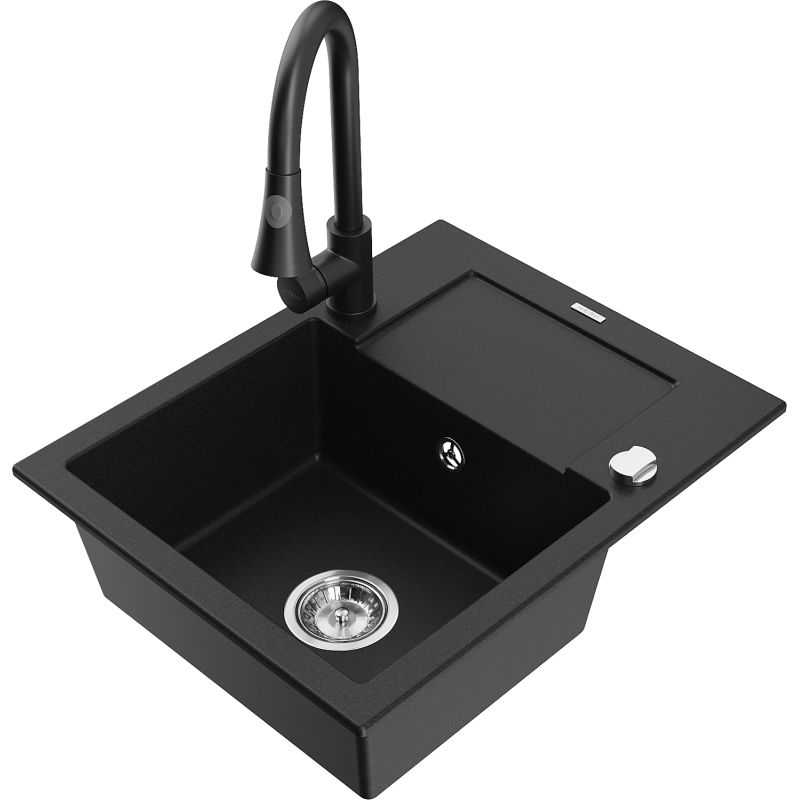 Zlewozmywak granitowy 1-komorowy Mexen Enzo z ociekaczem i baterią kuchenną Elia czarny - 6506-77-670101-50 1 szt.
