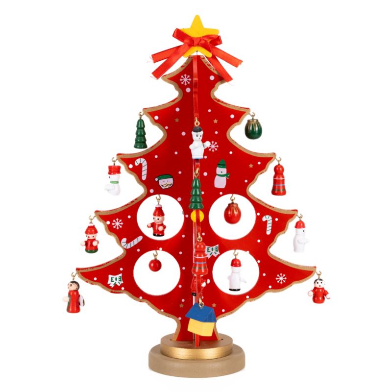 Drewniana choinka z figurkami świątecznymi Springos 29 cm czerwona 1 kpl.