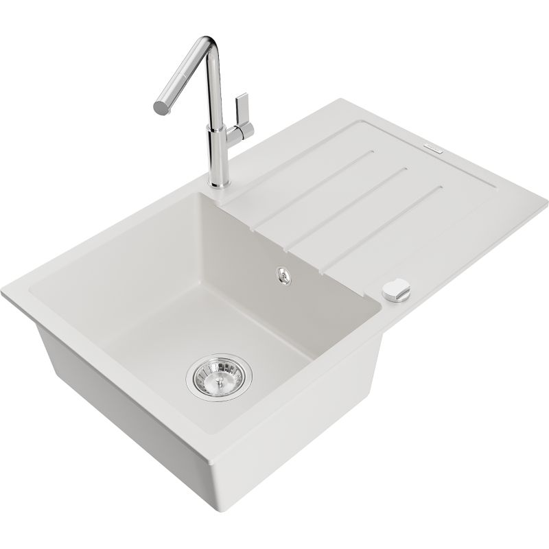 Zlewozmywak granitowy 1-komorowy Mexen Bruno z ociekaczem i baterią kuchenną Flora biały 6513-20-670401-00