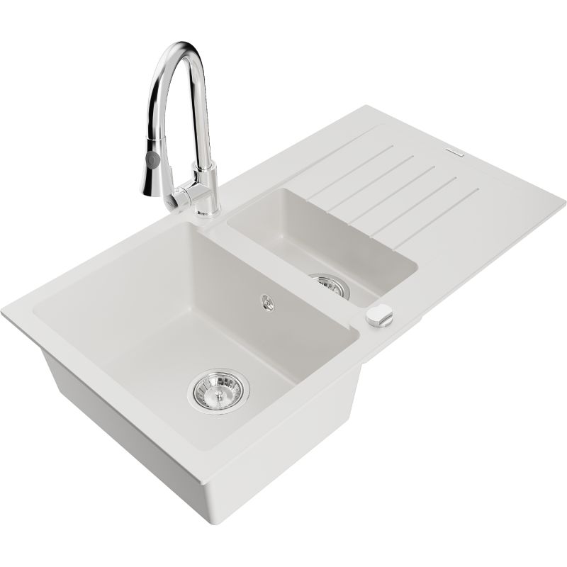 Zlewozmywak granitowy 1.5-komorowy Mexen Matias z ociekaczem i baterią kuchenną Elia biały 6502-20-670101-00