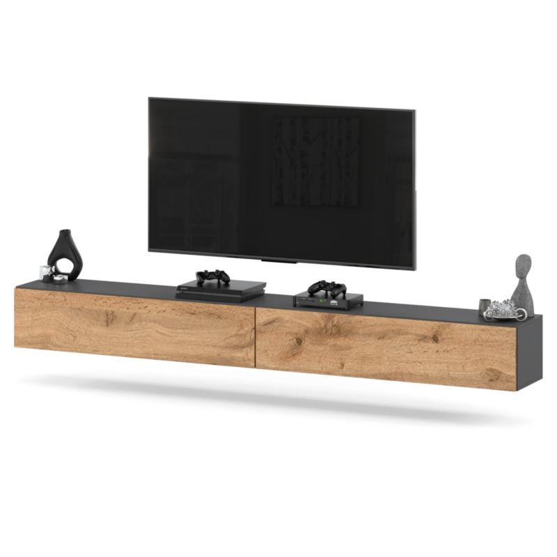 Komoda RTV Hurtownia-Mebli 2 Drzwi RTV Hugo 280cm Szary Mat Dąb Wotan 280x35x40 cm 1szt.