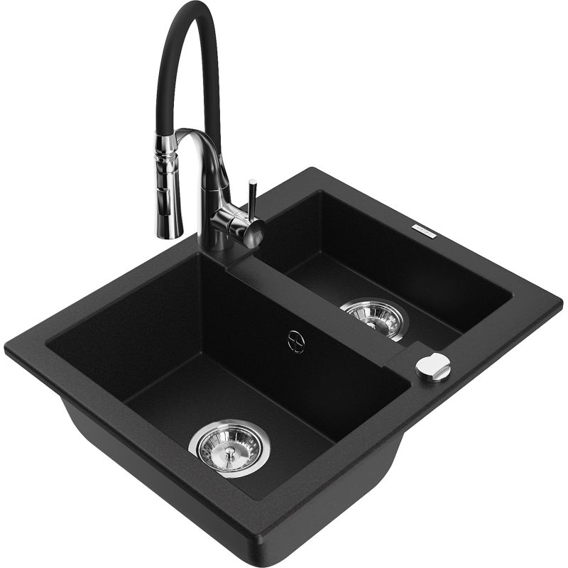 Zlewozmywak granitowy 1.5-komorowy Mexen Carlos z baterią kuchenną Aster czarny 6518-77-73450-07