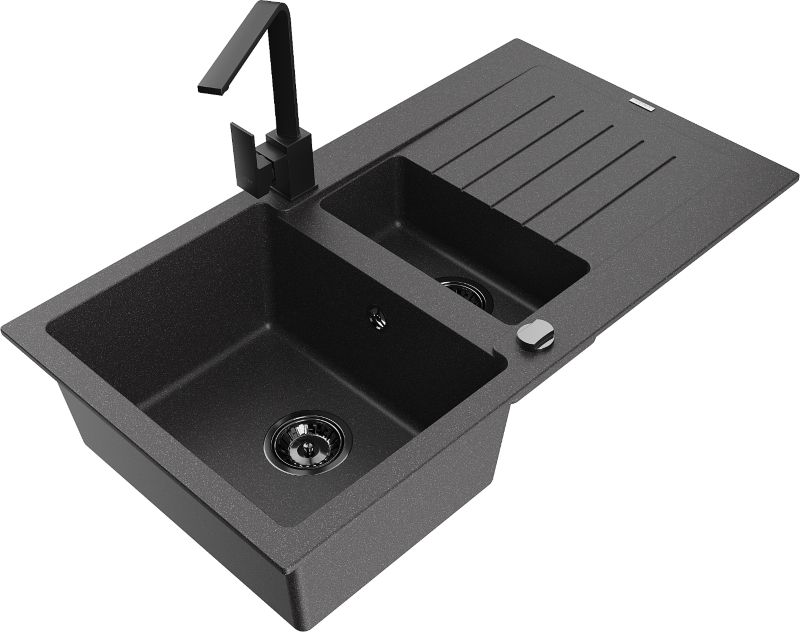 Zlewozmywak granitowy Mexen Matias 1,5-komorowy z ociekaczem i baterią kuchenną Rita czarny - 6502-76-670300-70 1 szt.