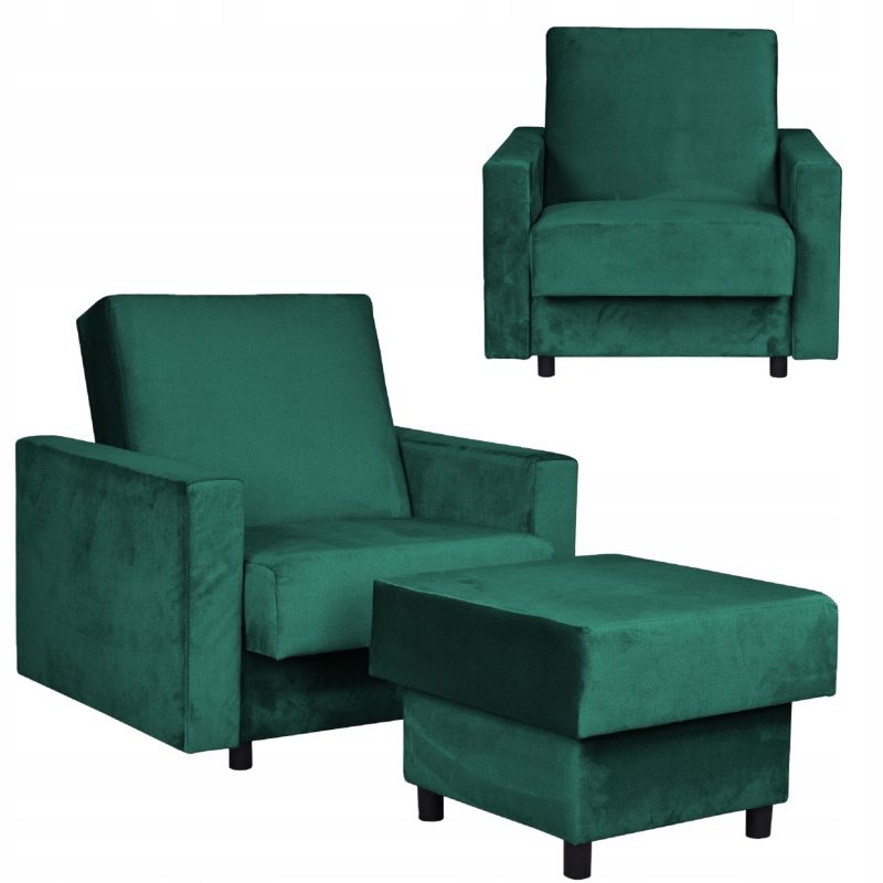 Fotel do salonu rozkładany z podnóżkiem pojemnikiem Family Meble Alicja butelkowa zieleń 1szt