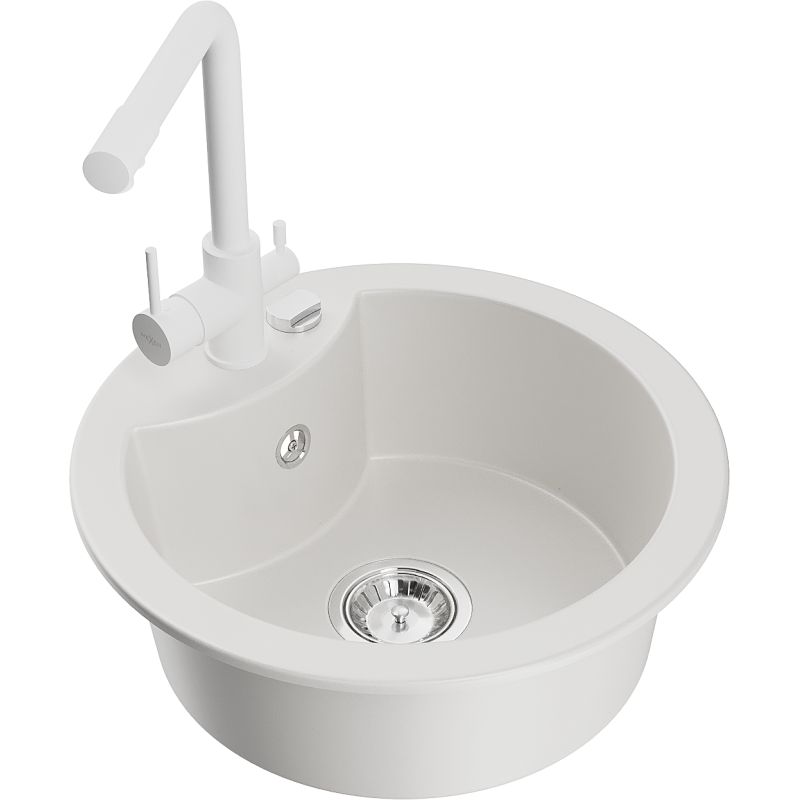 Zlewozmywak granitowy 1-komorowy Mexen Diego z baterią kuchenną Duero biały 6512-20-671600-20