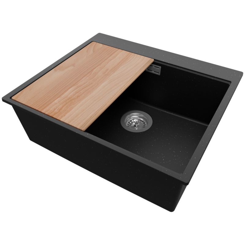 Zlewozmywak Oslo PRIMAGRAN Nablatowy 58x50cm do szafki od 60cm, Czarny Metalik + Syfon + Deska, S406, 1 szt.