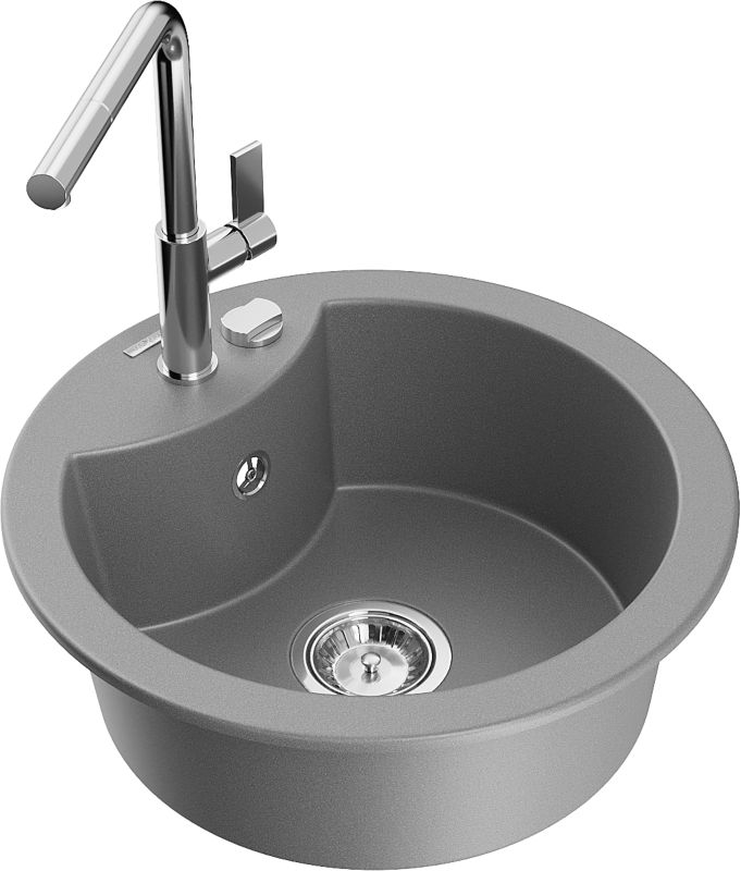 Zlewozmywak granitowy Mexen Diego 1-komorowy z baterią kuchenną Flora szary 6512-71-670401-00