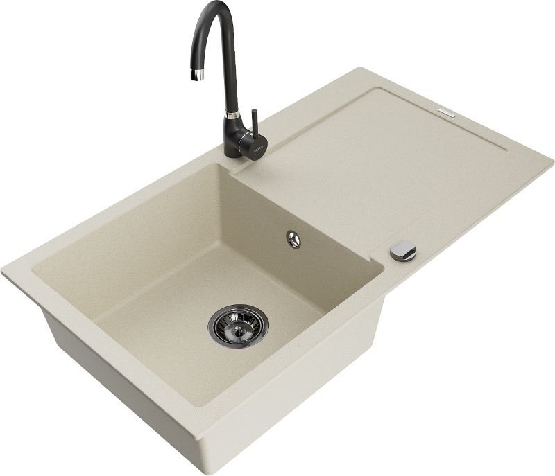 Zlewozmywak granitowy Mexen Leo 1-komorowy z ociekaczem i baterią kuchenną Telma beżowy - 6501-69-670200-50 1 szt.