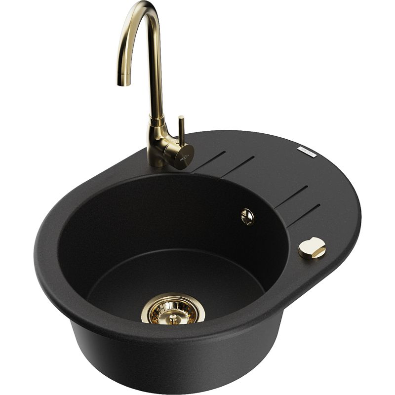 Zlewozmywak granitowy 1-komorowy Mexen Kevin z ociekaczem i baterią kuchenną Telma czarny - 6517-77-670200-00 1 szt.