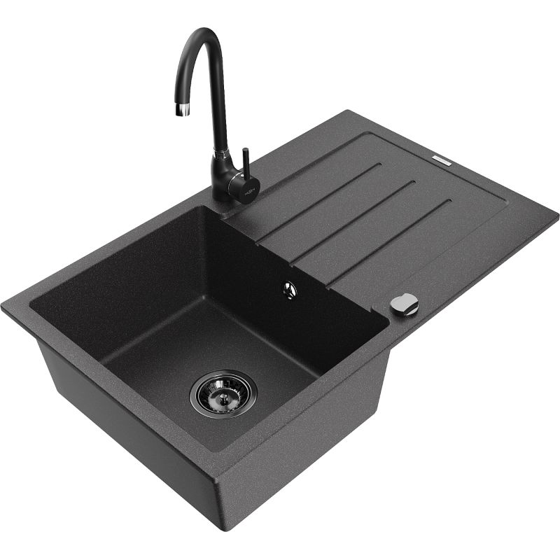 Zlewozmywak granitowy 1-komorowy Mexen Bruno z ociekaczem i baterią kuchenną Telma czarny nakrapiany 6513-76-670200-70-B