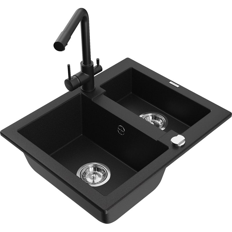 Zlewozmywak granitowy 1.5-komorowy Mexen Carlos z baterią kuchenną Duero czarny 6518-77-671600-70