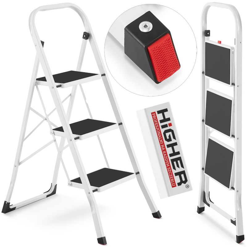 Drabina 3 stopniowa składana stalowa drabinka schodki 3 stopnie z matą HIGHER białe 1 szt.