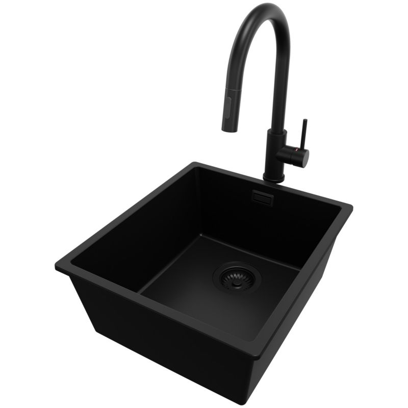 Zlewozmywak Granitowy Londyn Slim PRIMAGRAN Nablatowy 41x47cm do szafki od 45cm, Cały Czarny + Bateria + Syfon, S136, 1 szt.