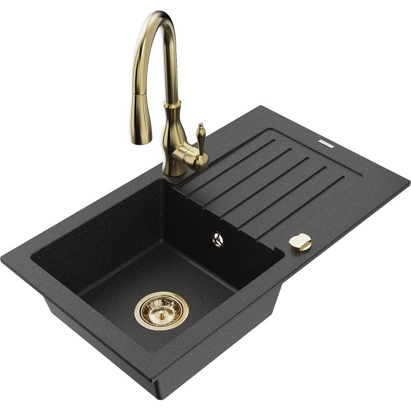 Zlewozmywak granitowy 1-komorowy Mexen Pablo z ociekaczem i baterią kuchenną Savita czarny/srebrny metalik 6510-73-672601-50