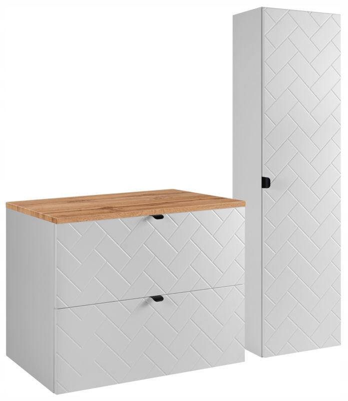 Szafka pod umywalkę i słupek Furnidea 80 cm + 35 cm biały dąb Wotan ryflowany Trend zestaw