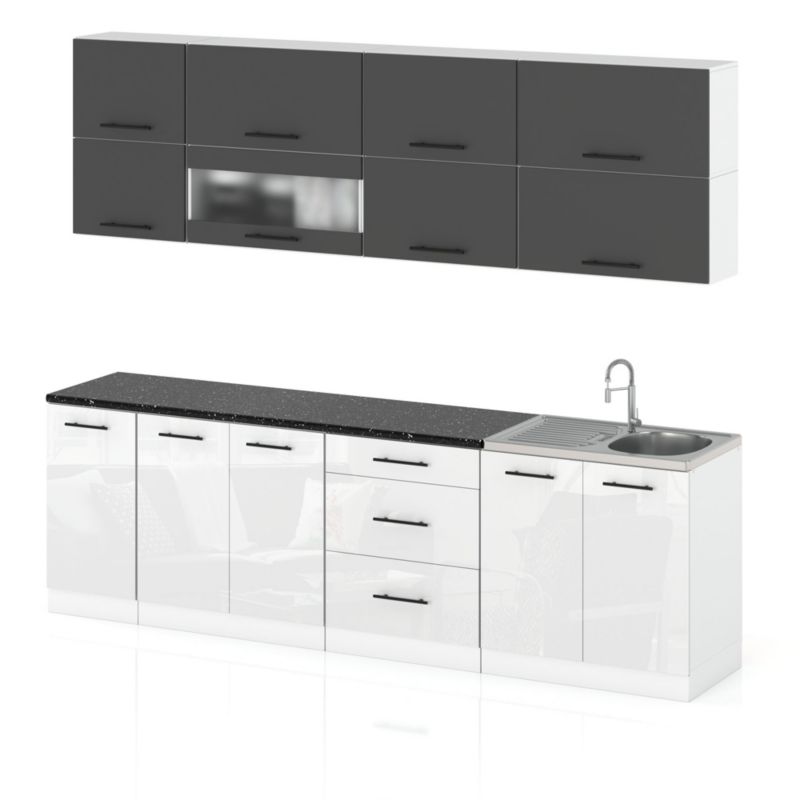 Zestaw Kuchenny Hurtownia-Mebli Z Blatem Kuchnia Robo Lux 260cm Biały Mat Szary Mat/Biały Połysk 260x52x157 cm 1szt.