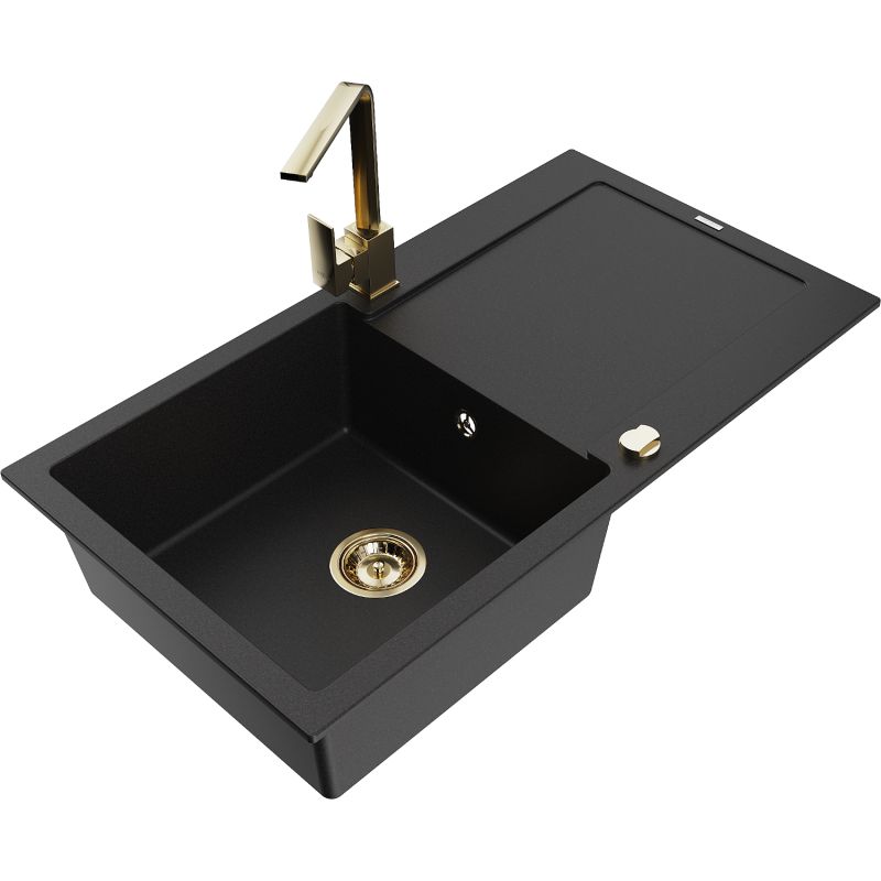 Zlewozmywak granitowy 1-komorowy Mexen Leo z ociekaczem i baterią kuchenną Rita czarny 6501-77-670300-50