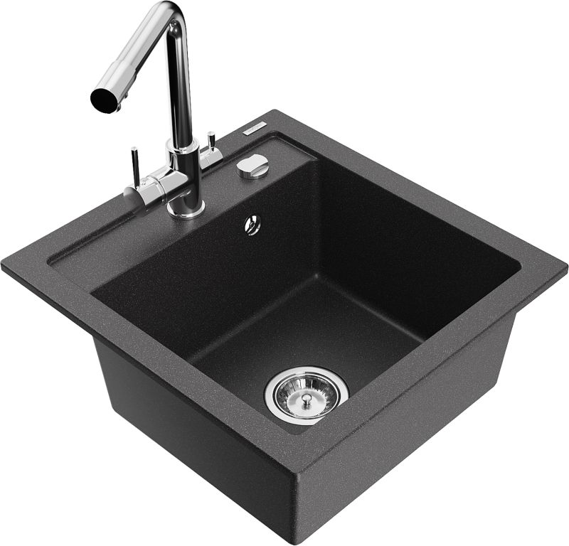 Zlewozmywak granitowy Mexen Vito 1-komorowy z baterią kuchenną Duero czarny 6503-76-671600-00