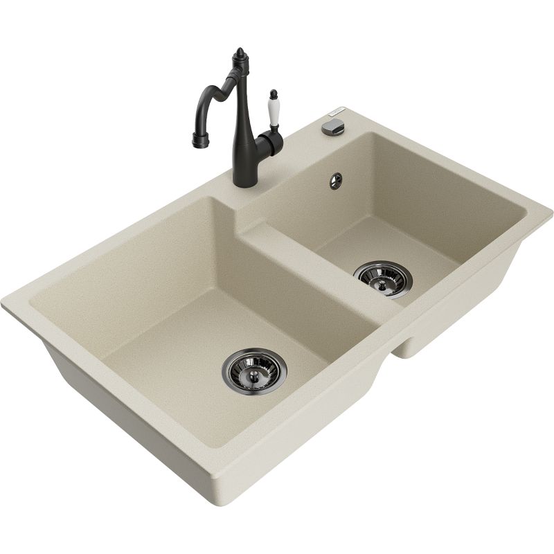 Zlewozmywak granitowy 2-komorowy Mexen Tomas z baterią kuchenną Carla czarny - 6516-77-670700-70-B 1 szt.