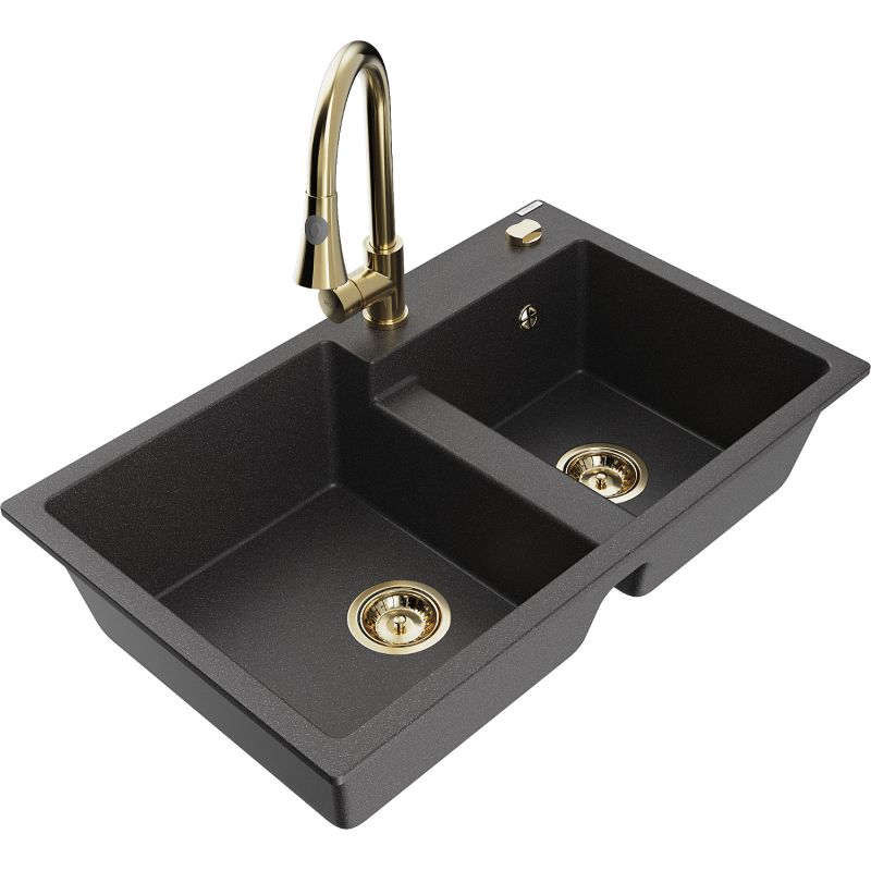 Zlewozmywak granitowy 2-komorowy Mexen Tomas z baterią kuchenną Elia czarny nakrapiany 6516-76-670101-50
