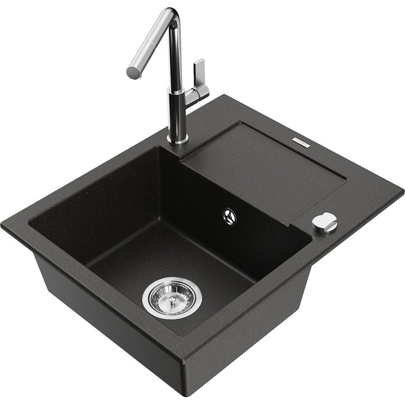 Zlewozmywak granitowy 1-komorowy Mexen Enzo z ociekaczem i baterią kuchenną Flora czarny/złoty metalik 6506-75-670401-00