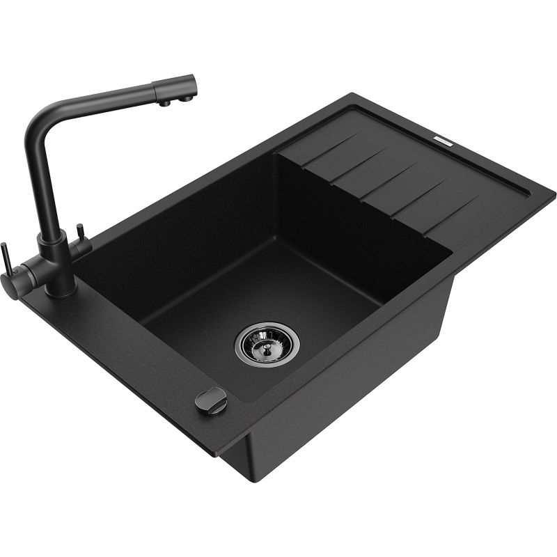Zlewozmywak granitowy 1-komorowy Mexen Elias z ociekaczem i baterią kuchenną Duero czarny 6511-77-671600-70-B